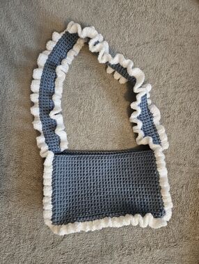 Small Blue White Crochet Ruffle Shoulder Bag